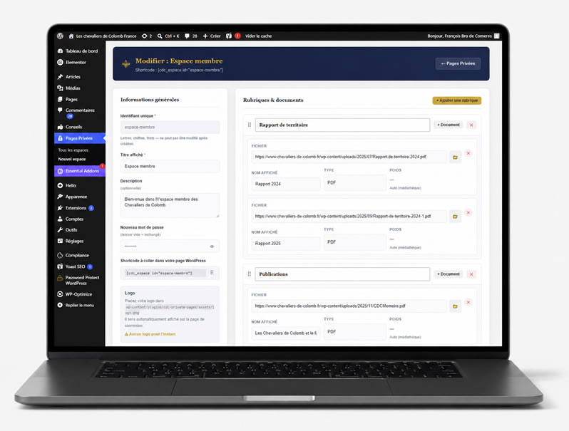 Interface d'administration des documents dans WordPress
